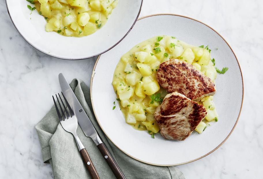 Schweineschnitzel mit Kohlrabi-Kartoffel-Gemüse für den Thermomix®